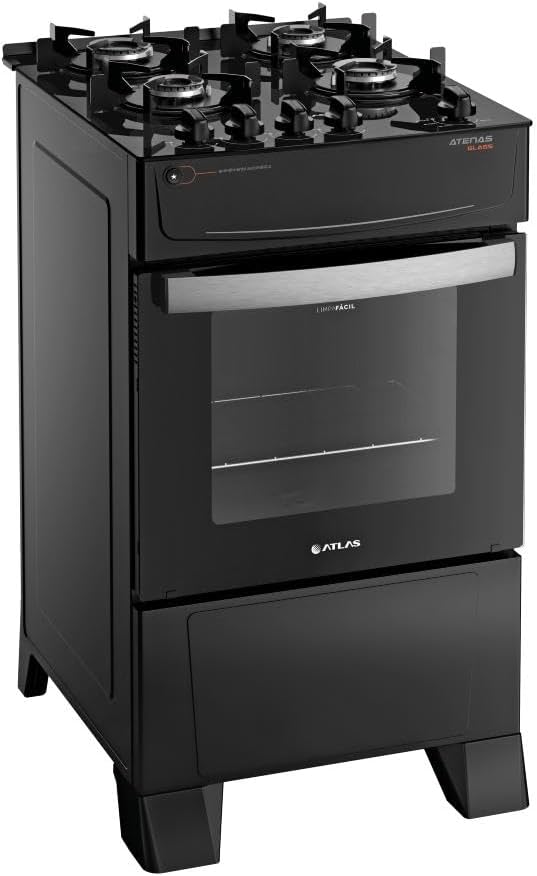 Atlas Fogão 4 Bocas Atenas Glass Preto com Mesa de Vidro Temperado a Gás Bivolt 50 Litros