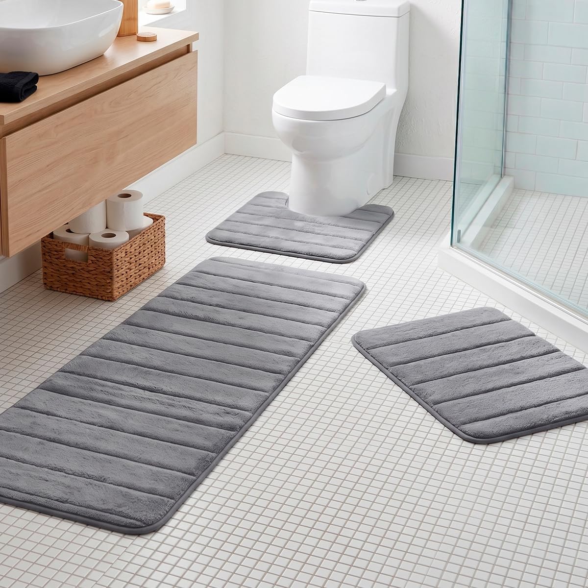 Decolab Jogo de Tapetes para Banheiro Completo - Antiderrapante e Ultra Absorvente (Cinza Escuro, 3 Peças)