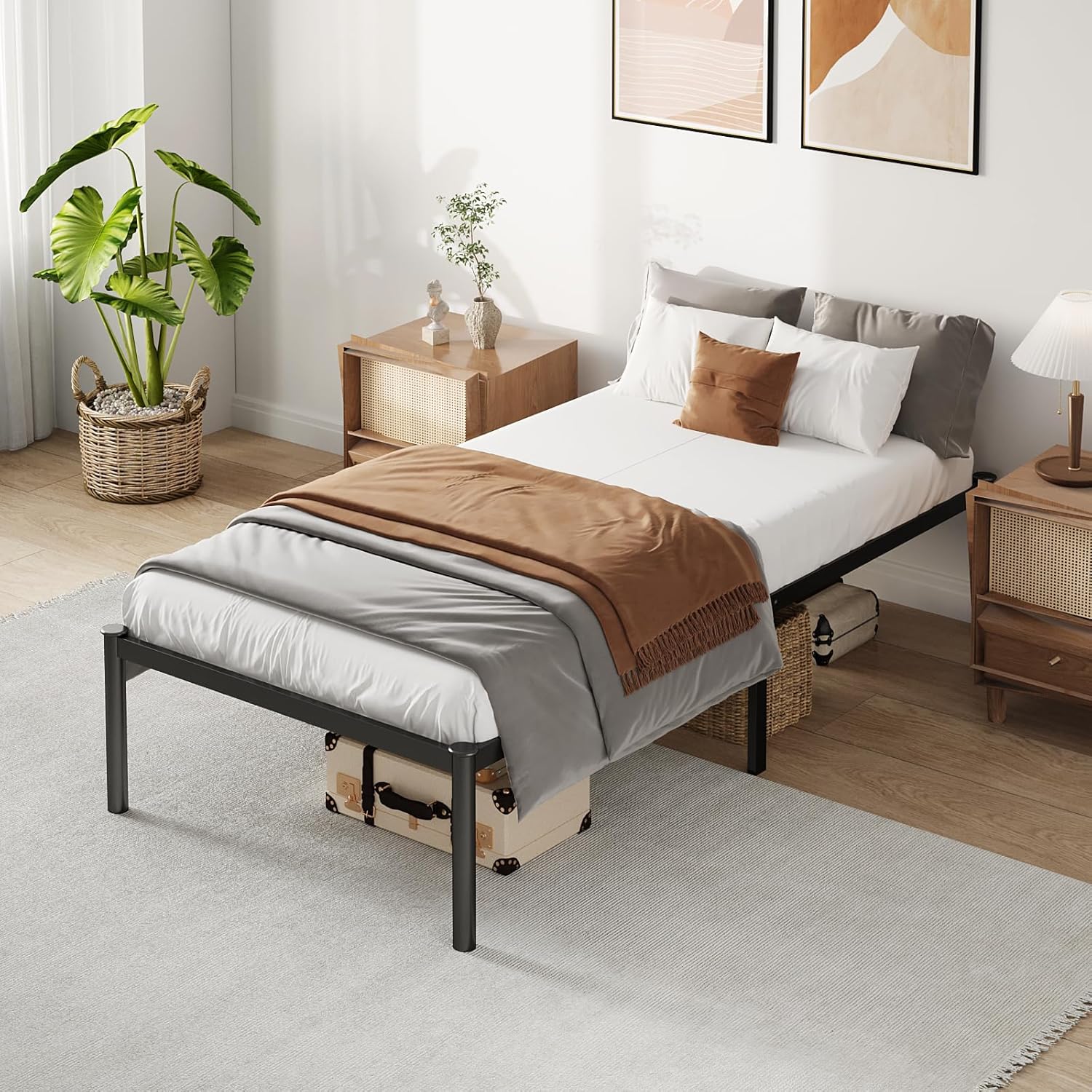 Estrutura de Cama de Metal Twin com Espaço de Armazenamento - Preto