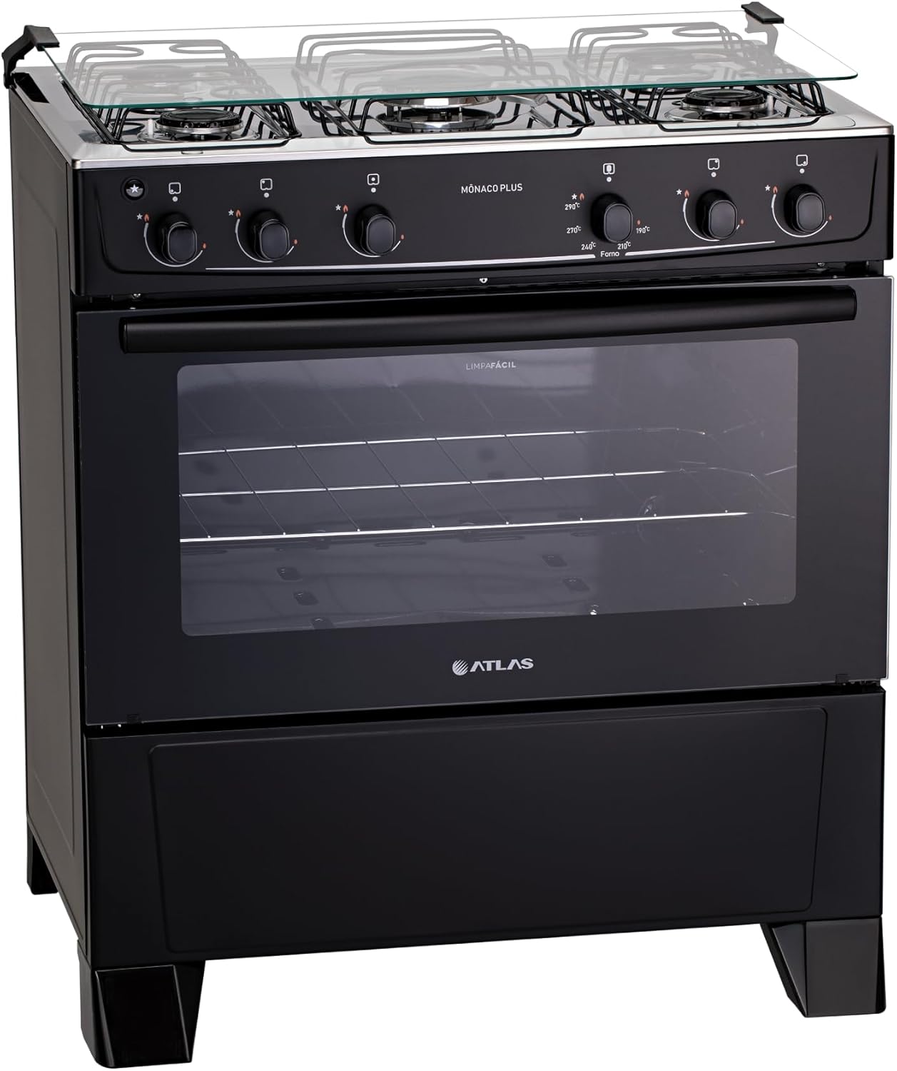 Fogão 5 Bocas Atlas Mônaco Plus Preto com Acendimento Automático e Mesa Inox