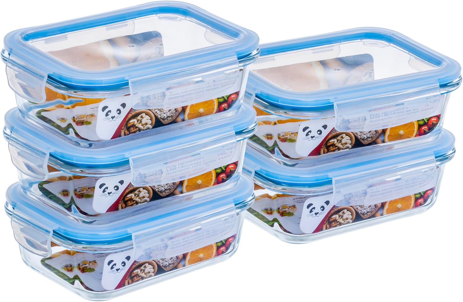 Gato Panda Potes de Vidro Retangular com Tampa Hermética 640ml - Kit com 5 Unidades - Azul