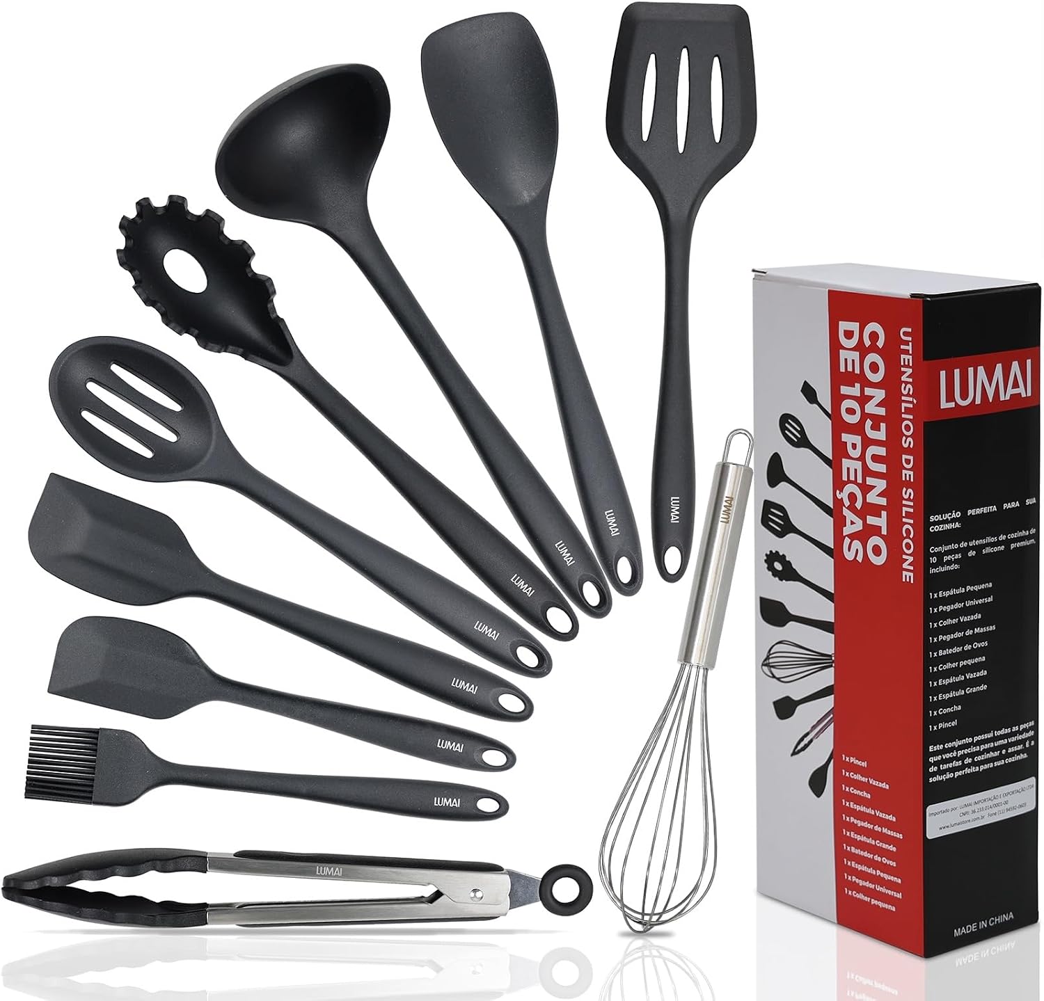 Kit de Utensílios de Cozinha LUMAI 10 Peças em Silicone e Aço Inox - Preto