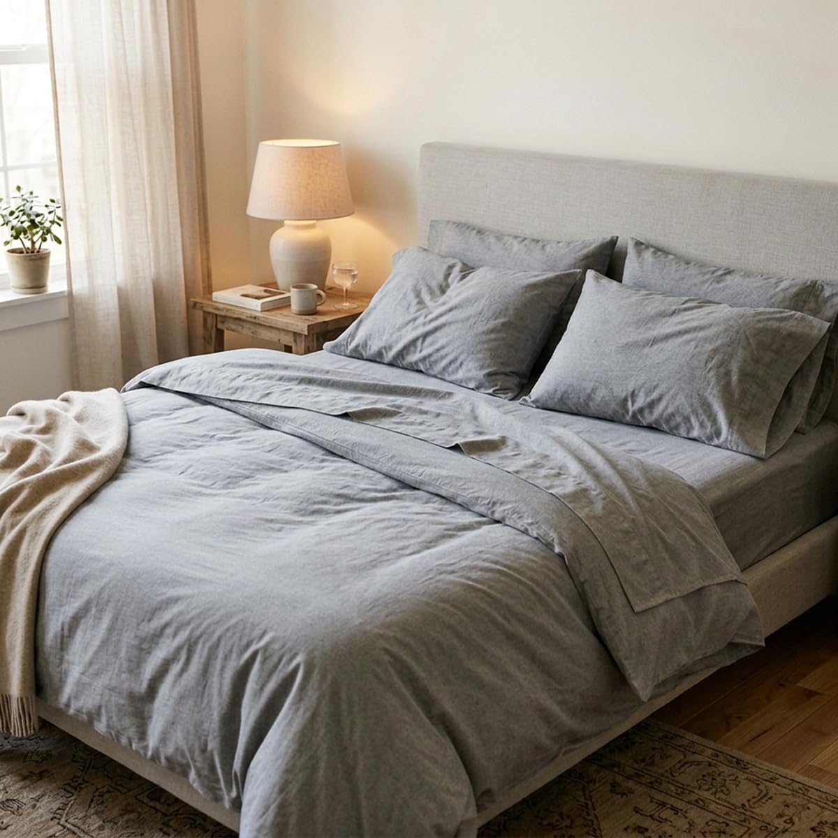 Kit Cama Lençol Completo 4 Peças 400 Fios Percal Ponto Palito Antialérgico Cinza