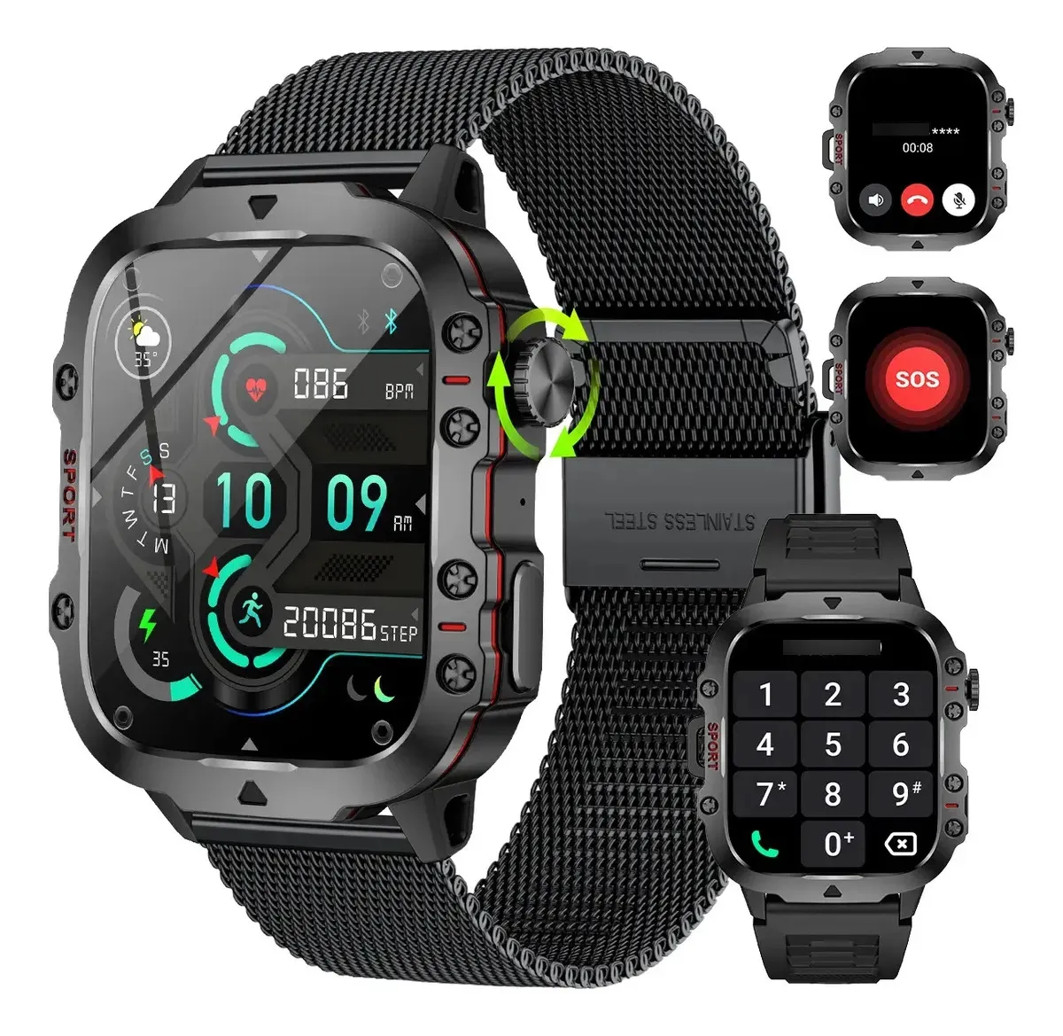 FOXBOX Relógio Smartwatch Inteligente Android Ios Bluetooth Homens Preto Mesh Chamadas Bluetooth Caixa Preto Pulseira Medção de frequência cardíaca