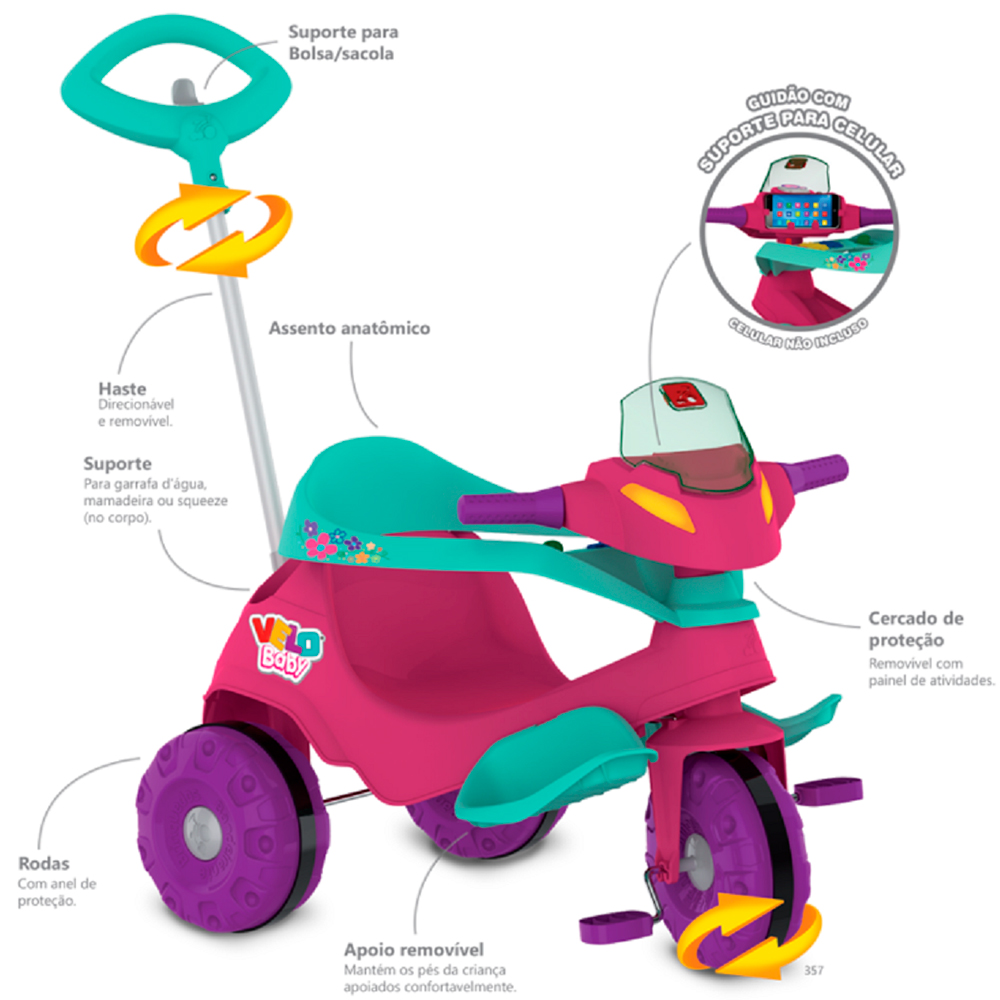 Triciclo Infantil Bandeirante Velobaby de Pedal com Empurrador — foto 3